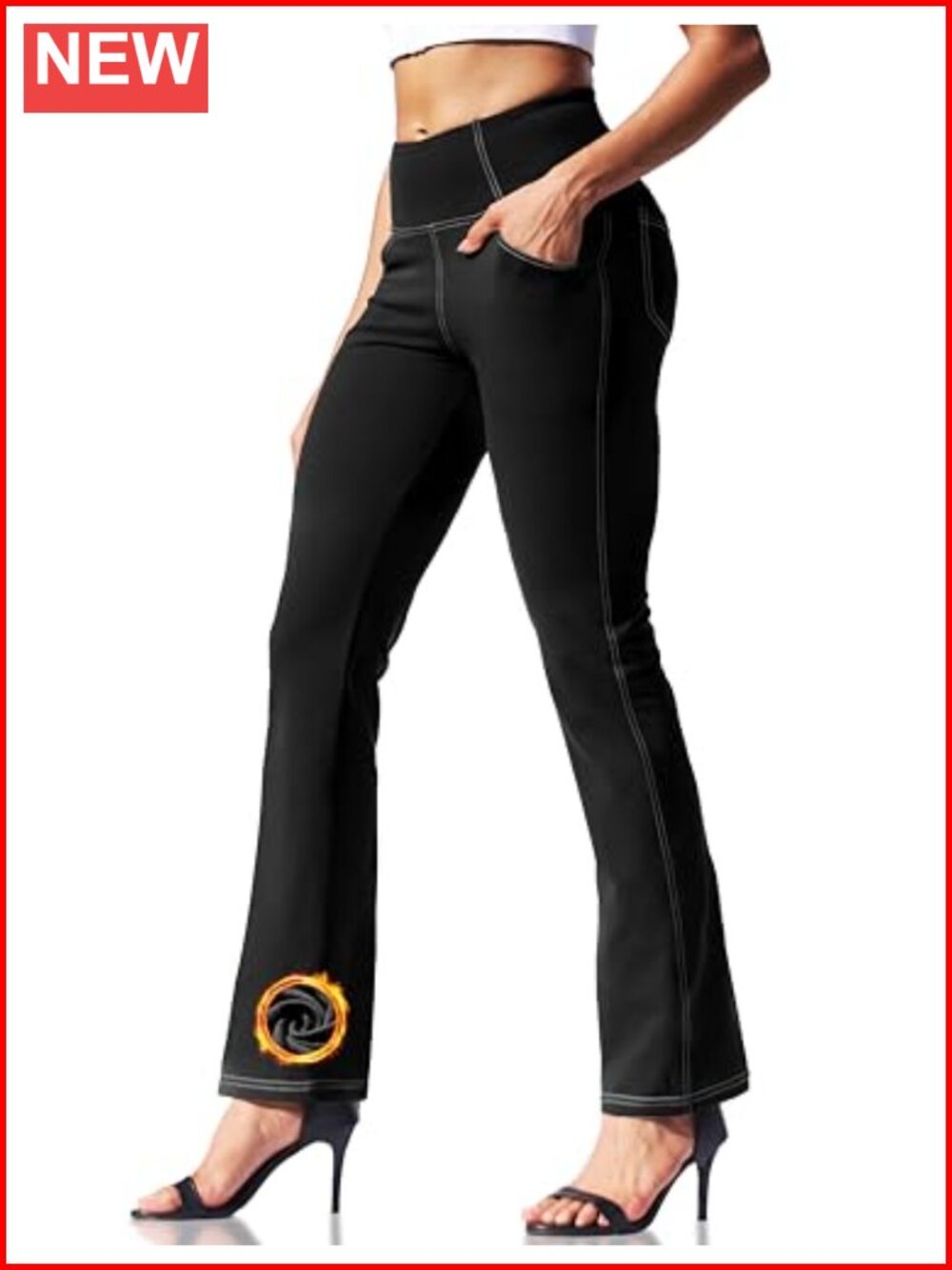 Womens Fleece Lined Flare Leggings High Waisted 4 Pockets Thermal Yoga Pants
